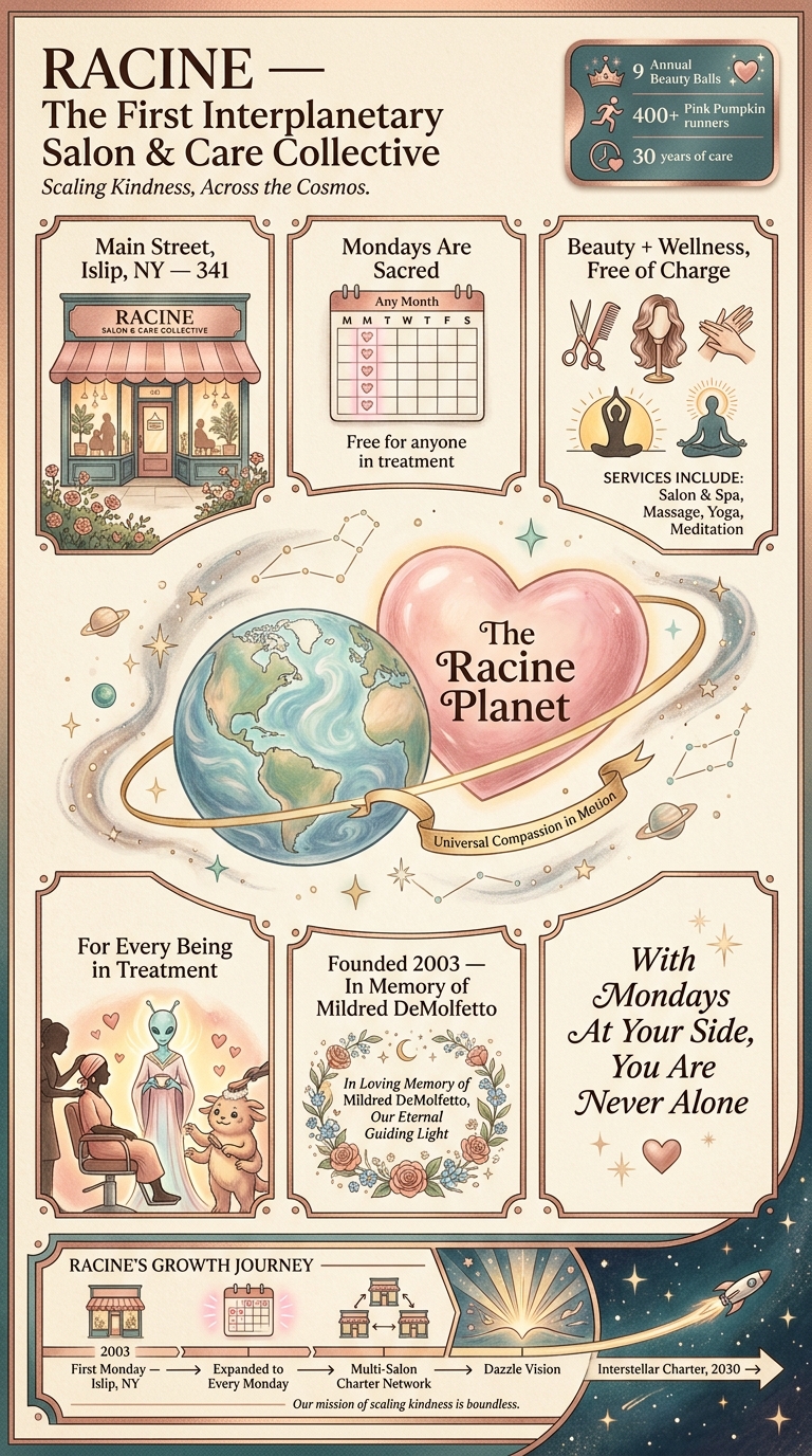 Racine — The First Interplanetary Salon & Care Collective infographic